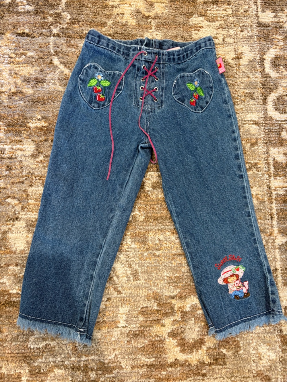 Kids Blue Embroidered Strawberry Shortcake Denim Jeans with Pink Lace-Up